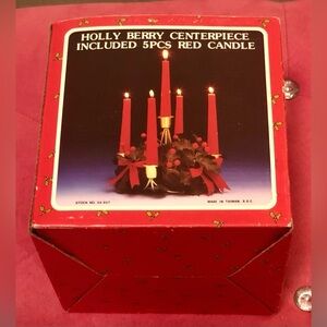 Vintage Holly Berry CenterPiece Candle Stand & 5 Red Candles in Original Box NWT